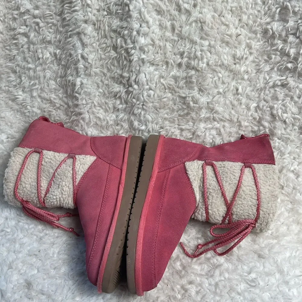 Kookaburra by UGG leather pink Girl winter boots beige fur lace up accent SZ3
